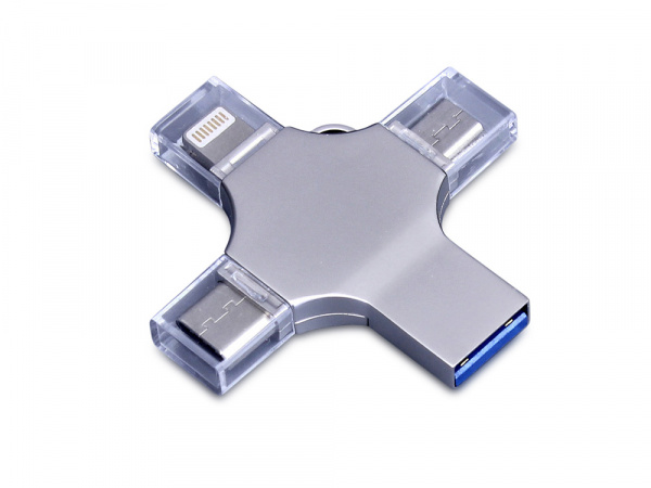 USB-флешка на 128 Гб 4 в 1 поворотный механизм, c дополнительными разъемами MicroUSB, TypeC и Lightning, серебристый