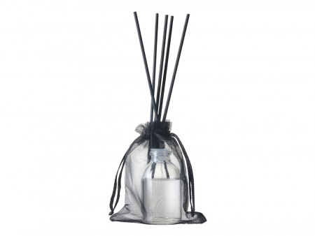 Диффузор с ароматом Еловые шишки и хвоя, 30мл, стекло, пробка, палочки 5 шт., мешочек из органзы черный