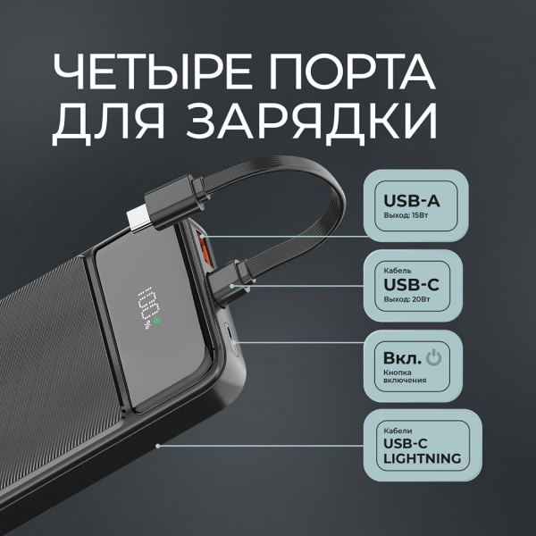 Внешний АКБ NRG Turbo V4c 10000 мА-ч, дисплей, черный, Deppa