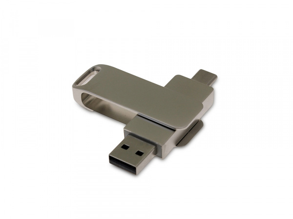 USB 3.0- флешка на 32 Гб поворотный механизм 2 в 1, c дополнительным разъемом Type-C с одноцветным металлическим клипом, серый