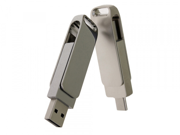 USB 3.0- флешка на 32 Гб поворотный механизм 2 в 1, c дополнительным разъемом Type-C с одноцветным металлическим клипом, серый