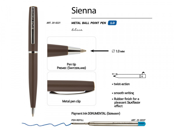 Ручка металлическая шариковая Sienna, софт-тач, 1.0 мм, коричневая