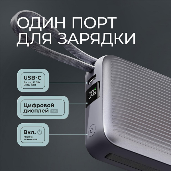 Внешний АКБ NRG Turbo Cable 10000 mAh, 22,5Вт, графит, Deppa