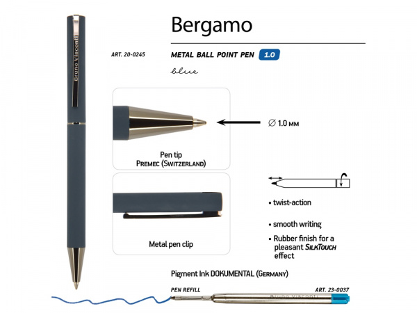 Ручка металлическая шариковая Bergamo, 0,7 мм, синяя