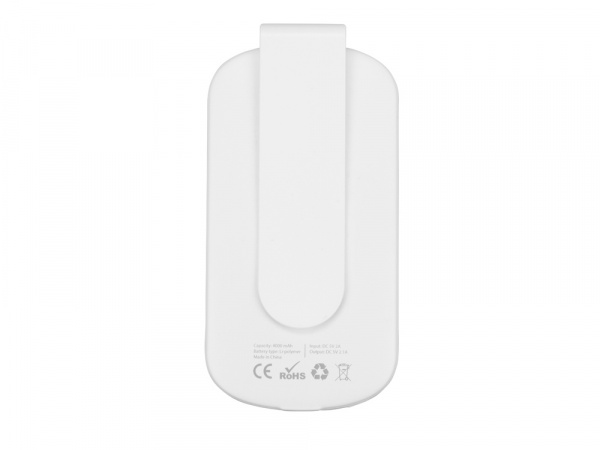 Портативное зарядное устройство Pin на 4000 mAh с большой площадью нанесения и клипом для крепления к одежде или сумке, белый