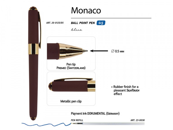 Ручка пластиковая шариковая Monaco, 0,5мм, синие чернила, коричневый