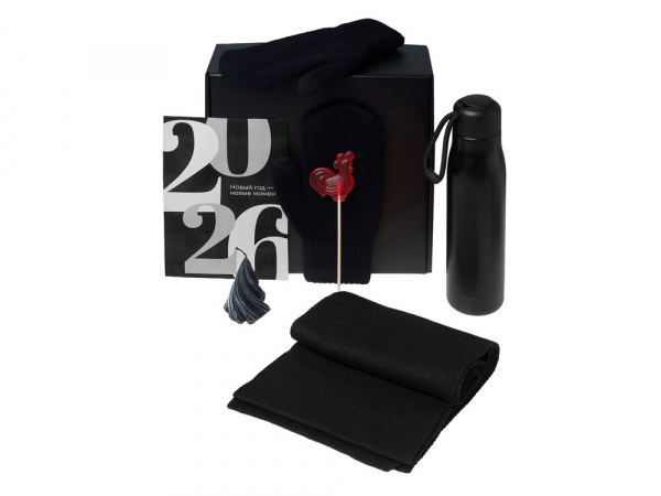 Подарочный набор с варежками, шарфом и термосом, черный