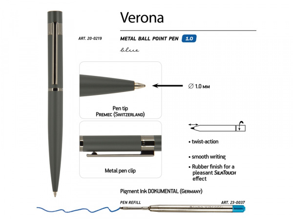 Ручка металлическая шариковая Verona, софт-тач, 1.0 мм, серая