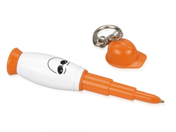 Брелок-фонарик с ручкой в виде человечка в каске, белый/оранжевый