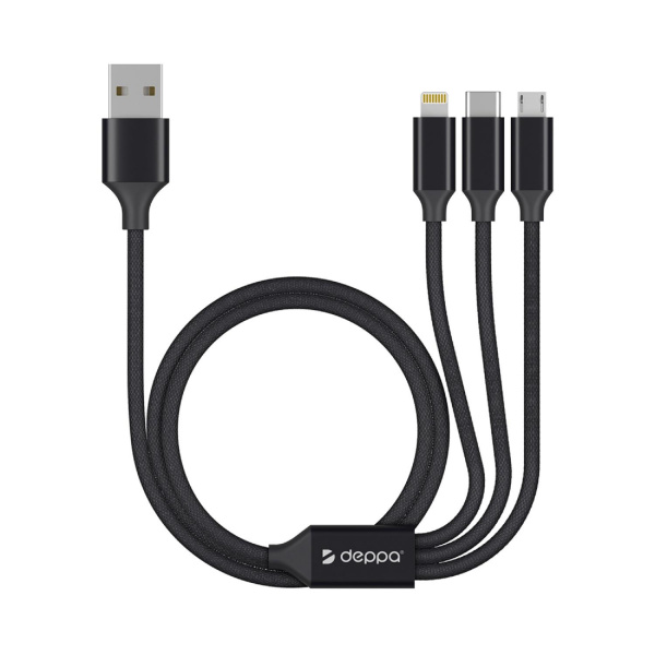 Дата-кабель 3 в 1: micro USB, USB-C, Ligthning, алюминий, 1.2м, черный, Deppa